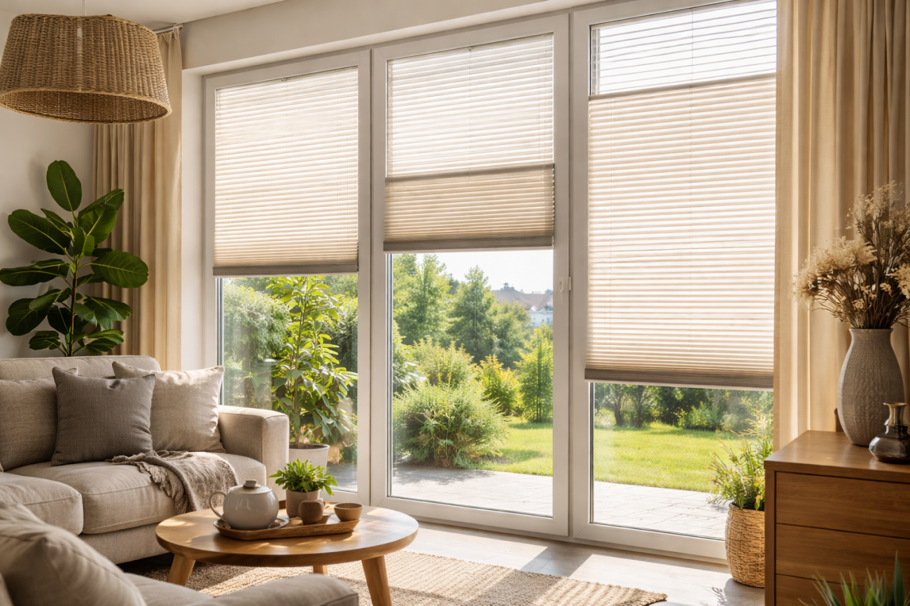 Шторы плиссе на панорамных окнах в интерьере гостиной Плиссированные шторы на больших оконных проемах мягко регулируют свет и создают комфортную приватность в современном интерьере.