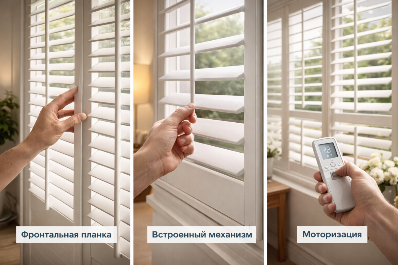 Управление ламелями шаттерсов - механика и моторизация Варианты управления ламелями: фронтальная планка, встроенный и скрытый механизмы, а также моторизация с управлением со смартфона.