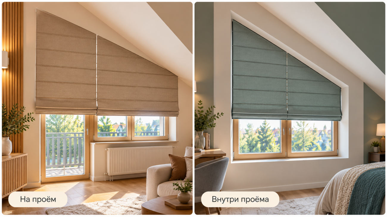 Варианты установки наклонных римских штор Инфографика показывает два варианта установки наклонных римских штор на окно сложной формы под скатом крыши: монтаж на проём и монтаж внутри проёма. Изображение помогает сравнить расположение полотна относительно оконной ниши и выбрать подходящий способ установки с учётом геометрии окна и особенностей интерьера