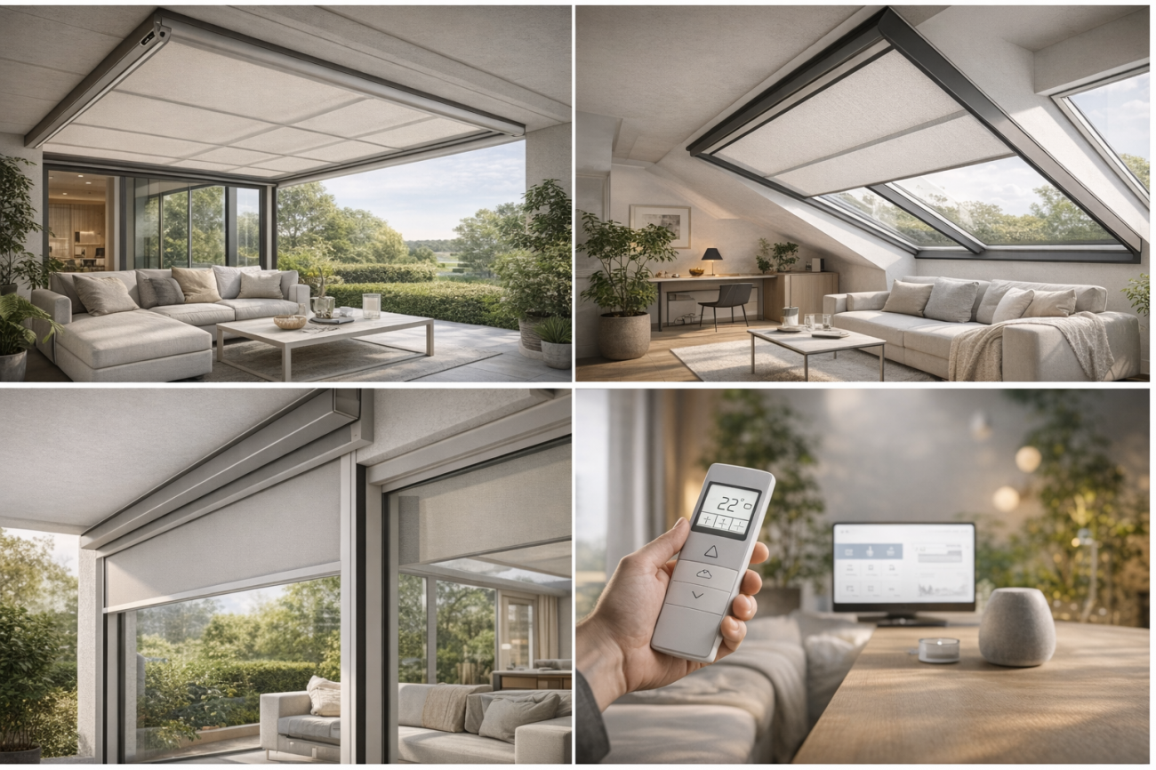 Варианты ZIP ROOF - монтаж, управление и ткани под задачу Примеры установки на потолок и скат, крепления по раме остекления, управление с пульта и выбор ткани по уровню светопропускания и комфорта.